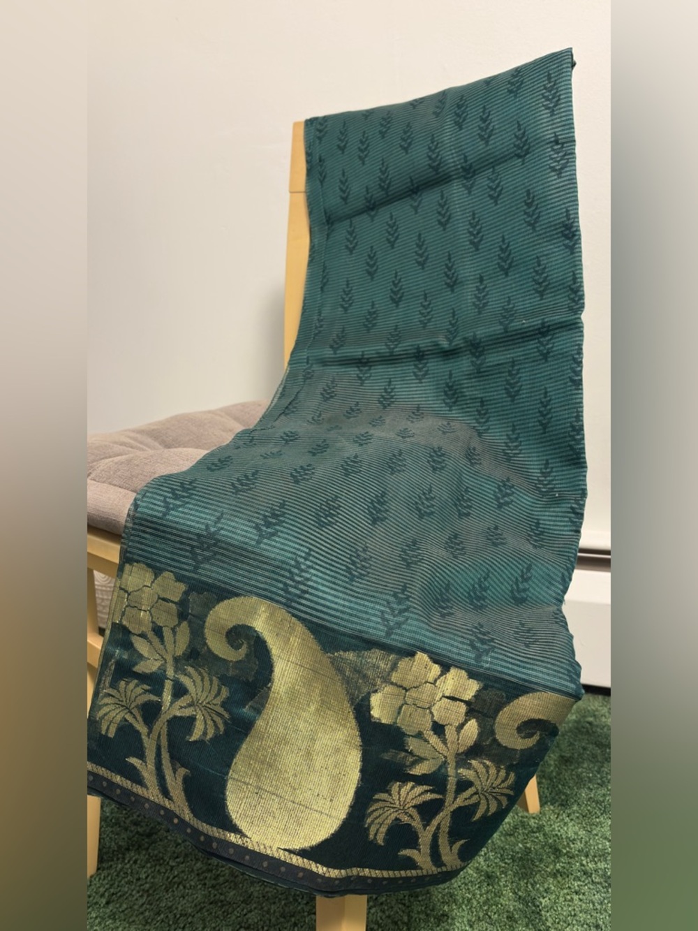 Teal and Gold Woven Sari with Floral Border